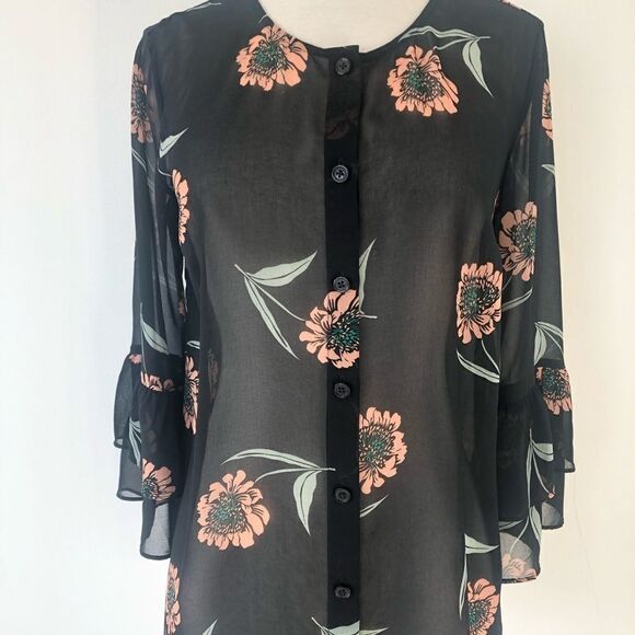 CAbi La Di Da Black Sunflower Floral Sheer Blouse Top Style 5206 Women Size XS - Picture 6 of 10